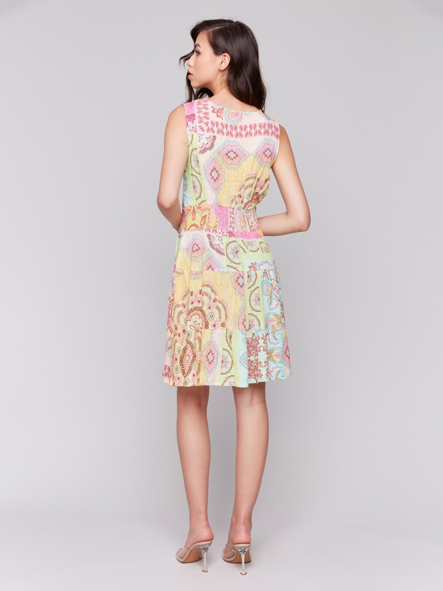 Printed Sleeveless V-Neck Tiered Dress - Carousel