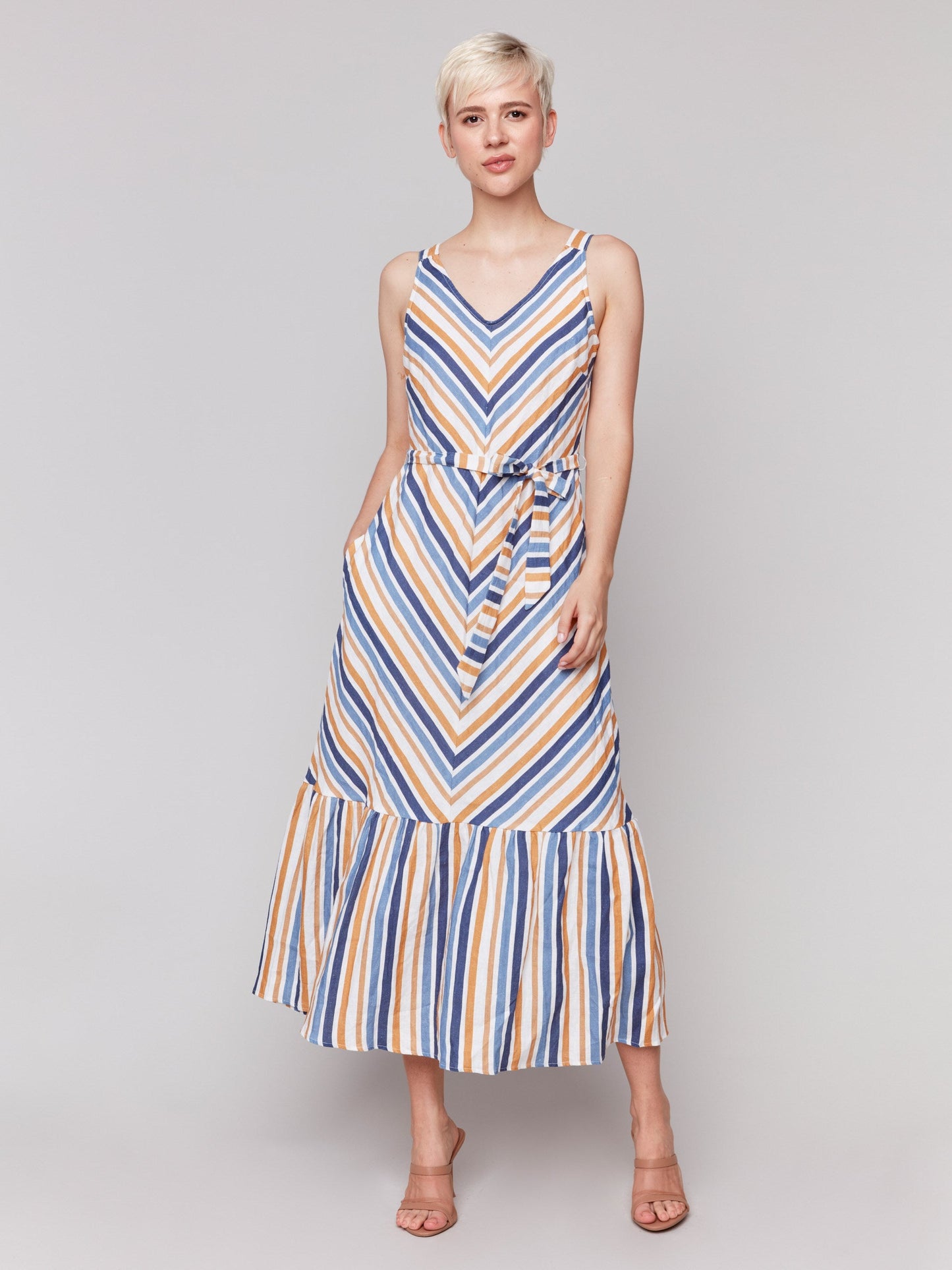 Striped Linen Blend Maxi Dress with Sash - Denim
