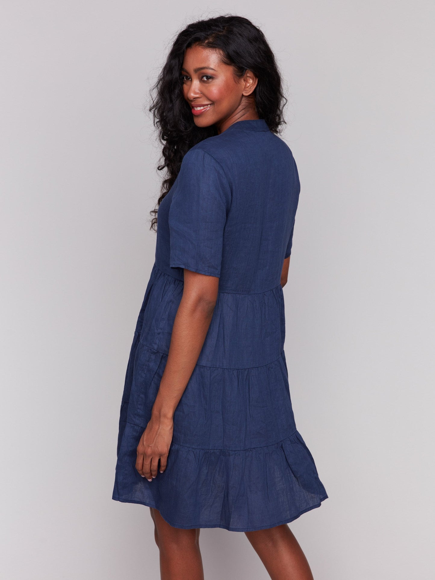 Tiered Linen Blend Dress - Navy