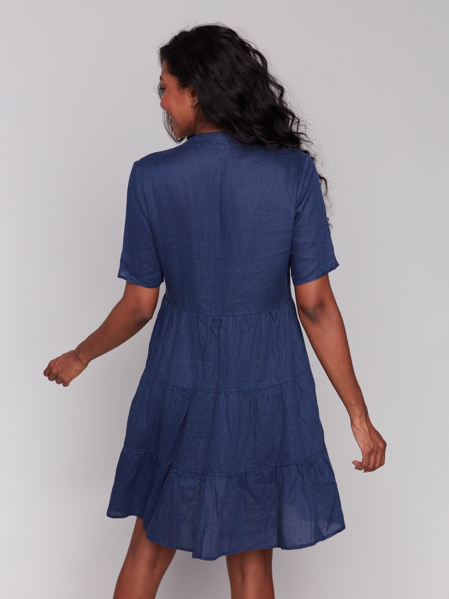 Tiered Linen Blend Dress - Navy