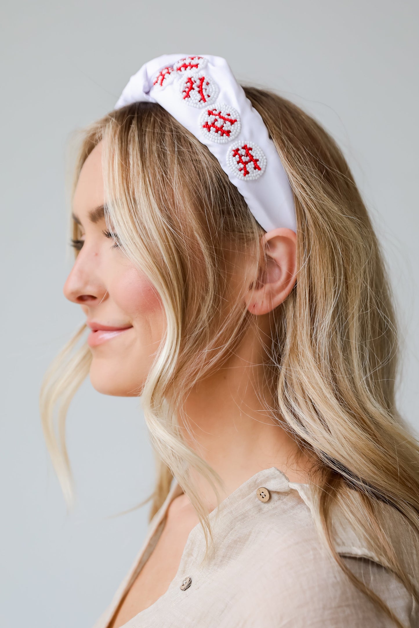 White Beaded Baseball Knotted Headband
