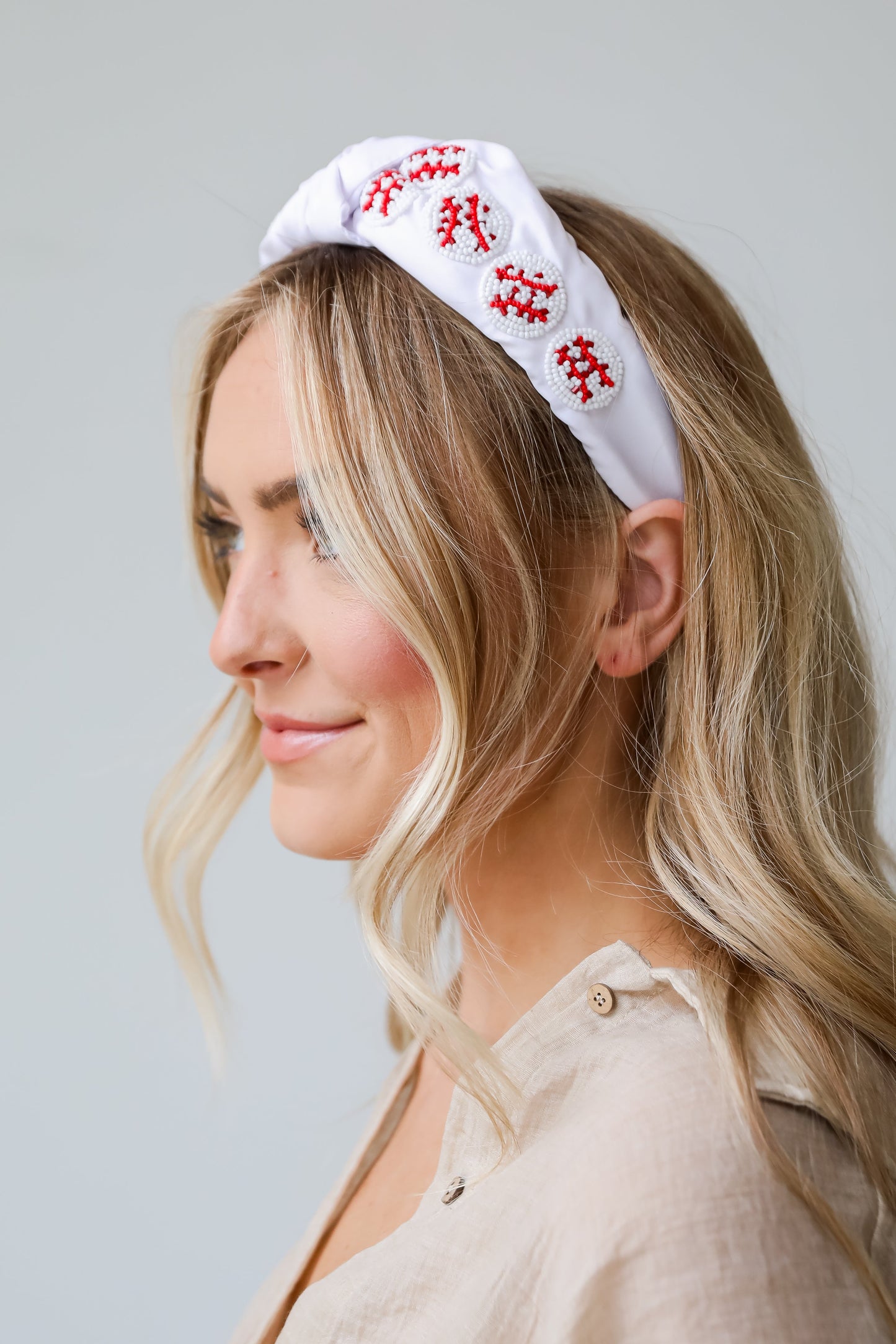 White Beaded Baseball Knotted Headband