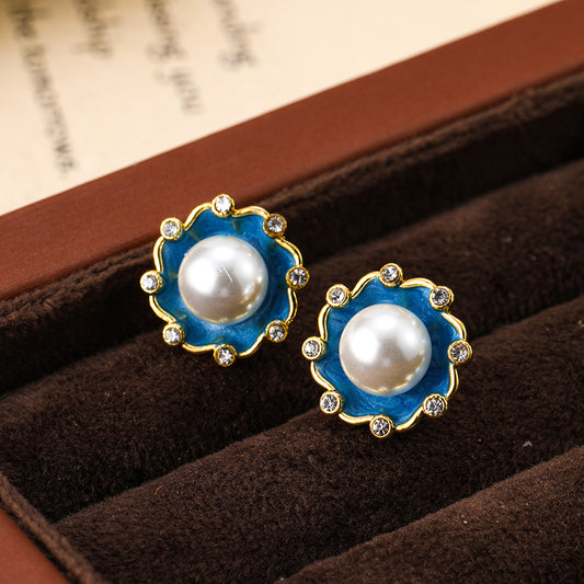 Retro enamel silver needle earrings pearl female Bohemian personality vintage earrings