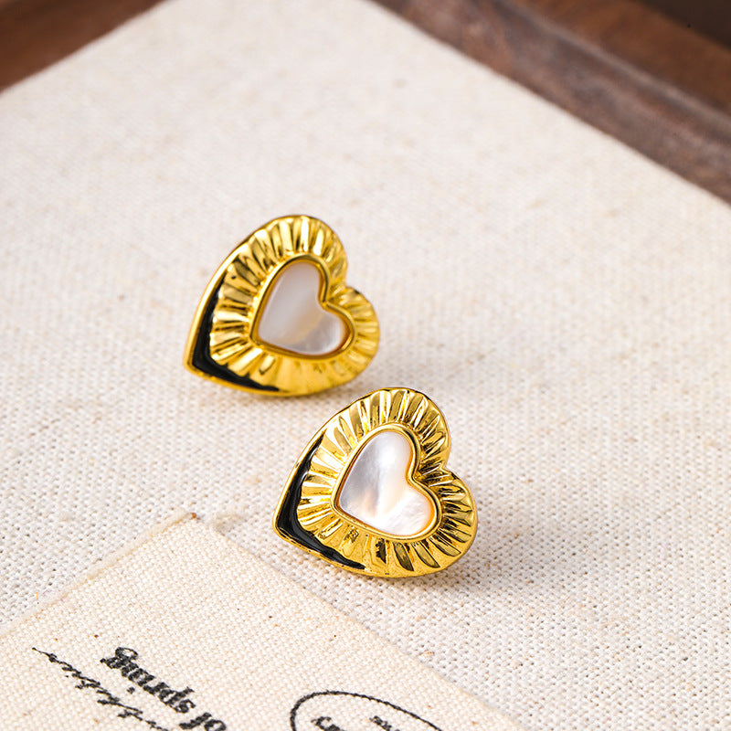 Enamel white mother-of-pearl heart earrings, retro earrings, niche fashion earrings