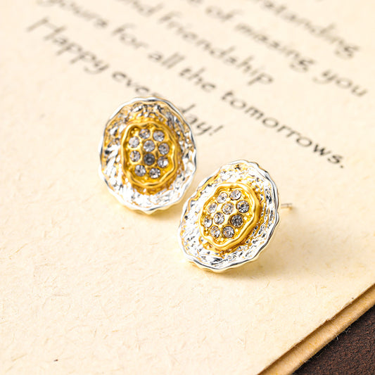 Pleated button gold and silver contrast retro earrings niche design versatile earrings