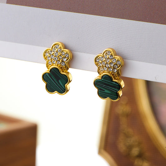 Real gold plated simple diamond-inlaid malachite lucky clover five-leaf flower earrings silver needle earrings
