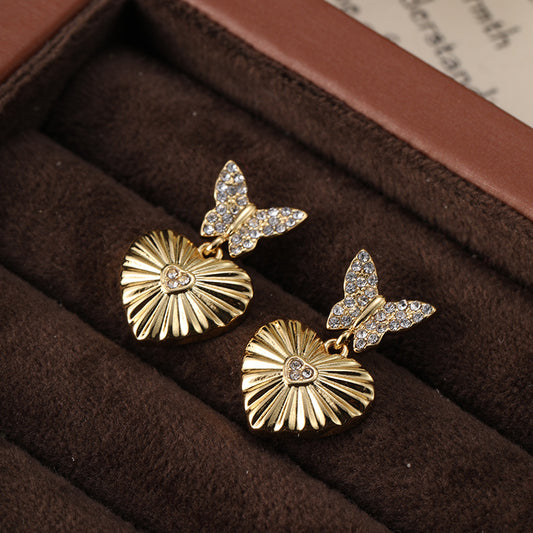 Full diamond butterfly heart retro earrings French light luxury gold-plated earrings silver needles