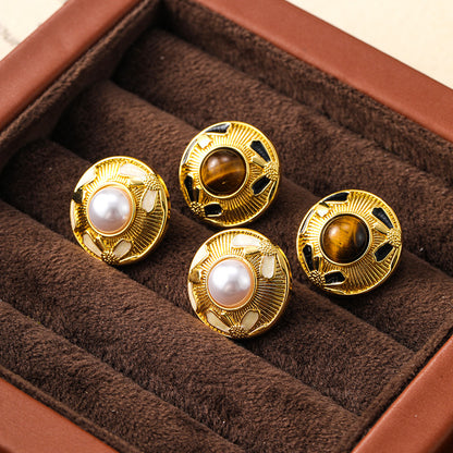 Maillard Retro Tiger Eye Pearl Earrings for Women Niche Design Simple Earrings Holiday Style Silver Needle Earrings