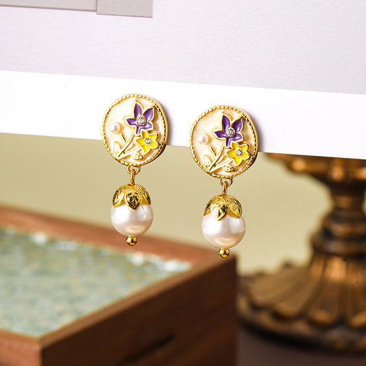 French fresh and fashionable colorful oil-drop flower pearl earrings, light luxury and high-end silver needle earrings