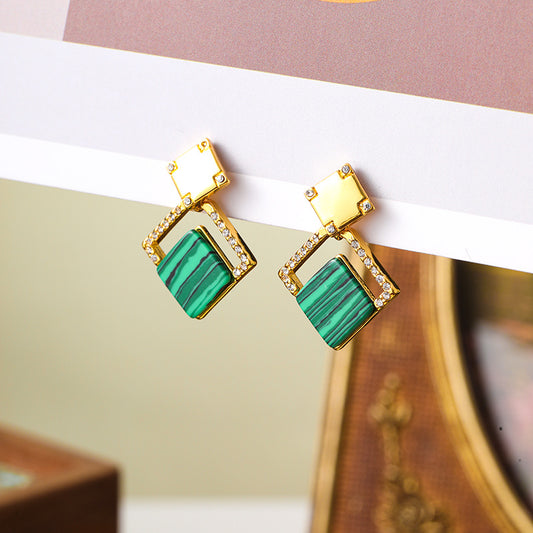 Copper-plated real gold retro diamond-studded malachite geometric square earrings niche high-end luxury 925 silver needle earrings