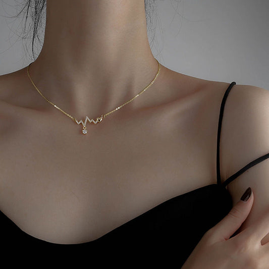Personality Collarbone Chain Sweet Electrocardiogram Zircon Crystal Love Heart Beat Chart Necklace For Women