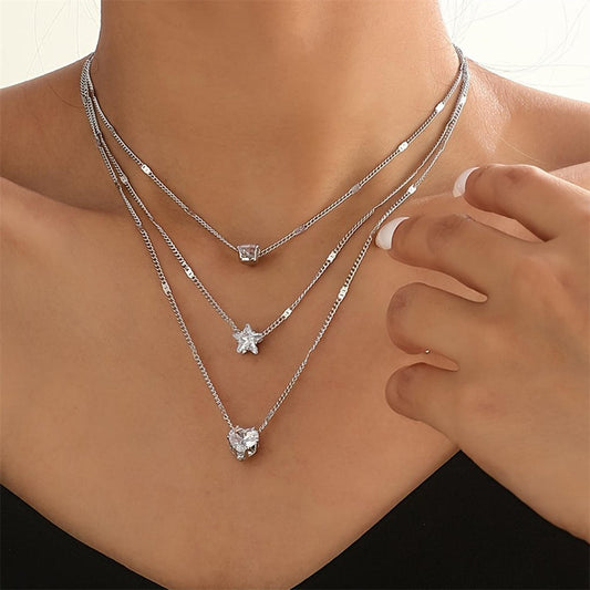 Hot Sle Bohemian Retro Gold Plated Crystal Multilayer Necklace Choker Heart Star Pendant Chain For Women
