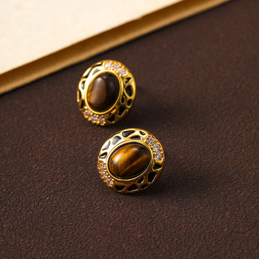 Maillard Retro Exquisite Tiger Eye Stone Earrings Female Niche Design High-end Earrings Holiday Style Silver Needle Earrings