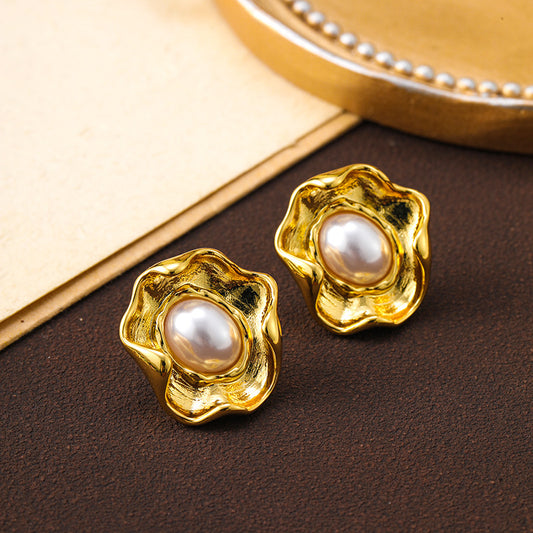French gold retro irregular lace pearl earrings, high-end earrings, silver needles, light luxury, versatile and exaggerated earrings