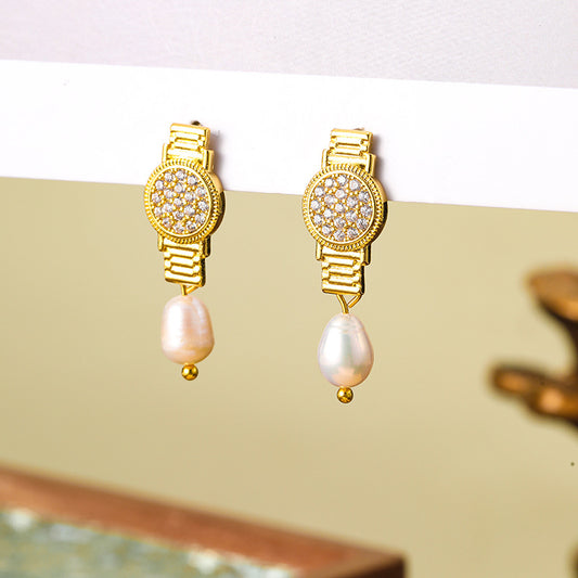 Personalized zircon watch, freshwater pearl earrings, retro earrings, silver needle earrings