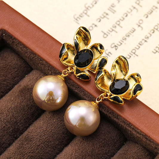 French retro flower champagne gold pearl earrings, high-end vintage luxury earrings