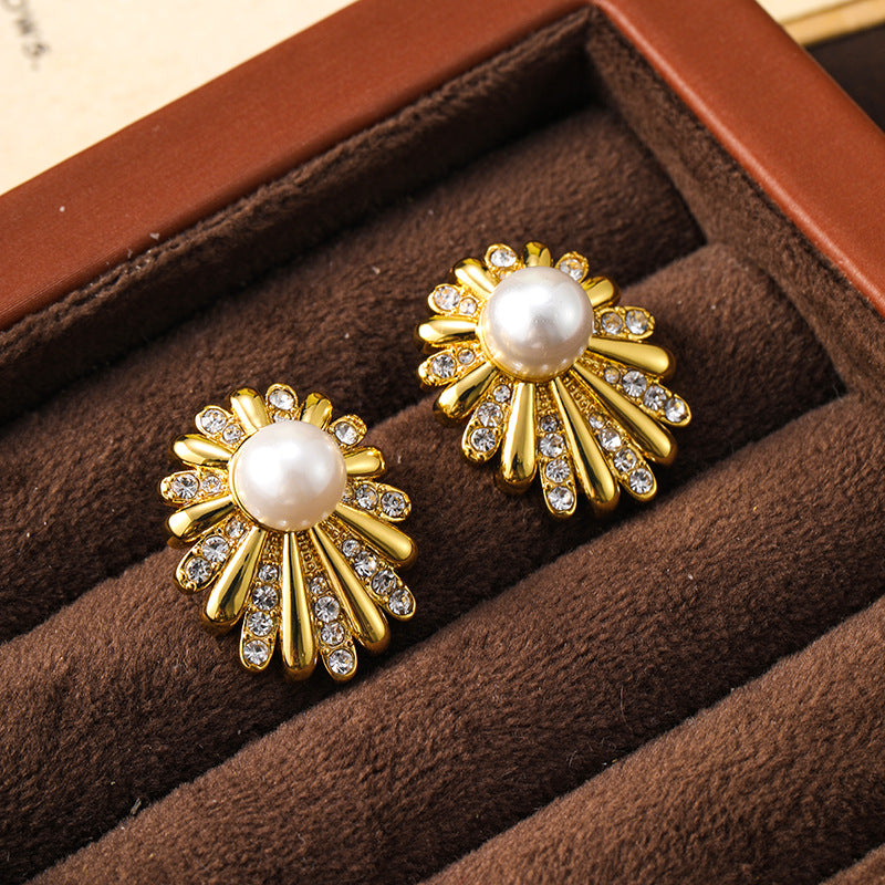 Sunflower Daisy Fireworks Diamond Pearl Earrings for Women Niche Cold Style Large Earrings Personalized Silver Needle Earrings