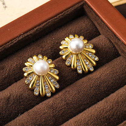 Sunflower Daisy Fireworks Diamond Pearl Earrings for Women Niche Cold Style Large Earrings Personalized Silver Needle Earrings