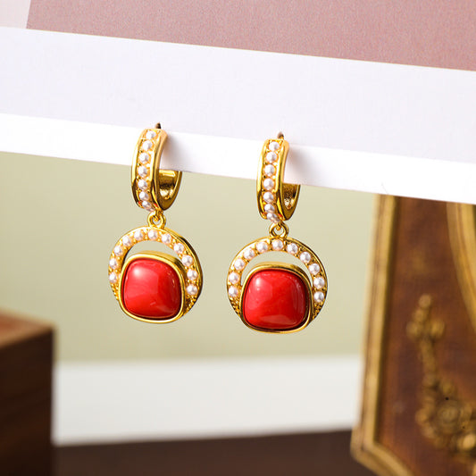 Original French retro elegant inlaid pearl natural stone medieval earrings niche earrings exaggerated earrings