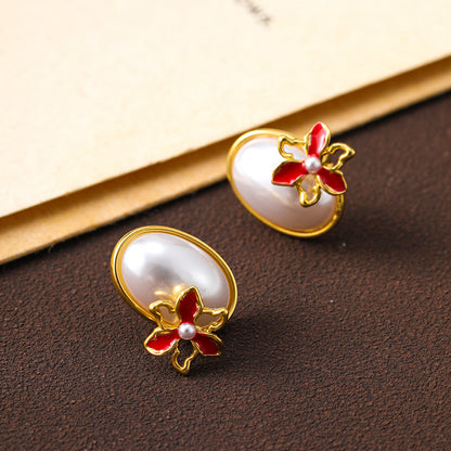 Super small oil-drop flower pearl earrings silver needle earrings for women, sweet and elegant earrings