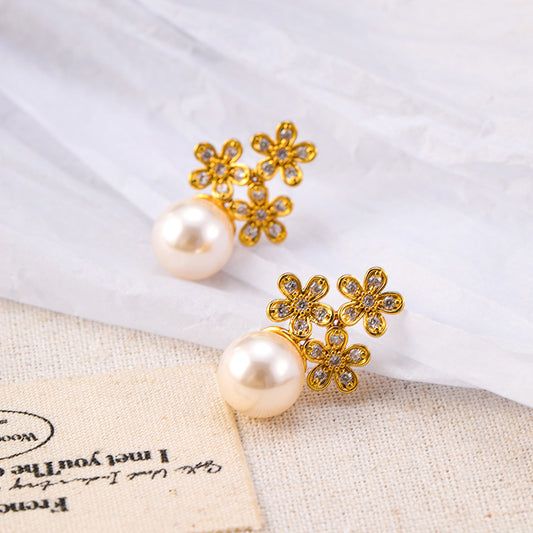 French elegant exquisite zircon flower pearl earrings retro earrings light luxury silver needle earrings