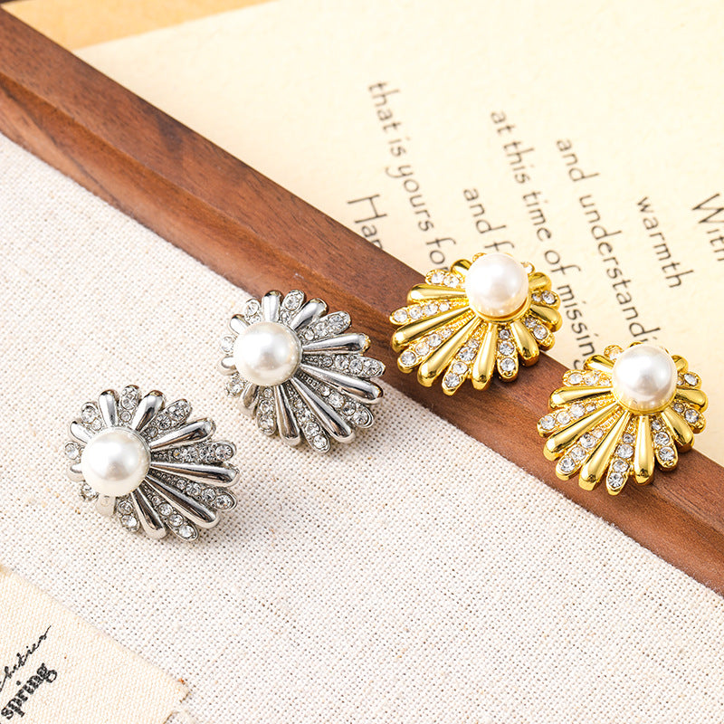 Sunflower Daisy Fireworks Diamond Pearl Earrings for Women Niche Cold Style Large Earrings Personalized Silver Needle Earrings