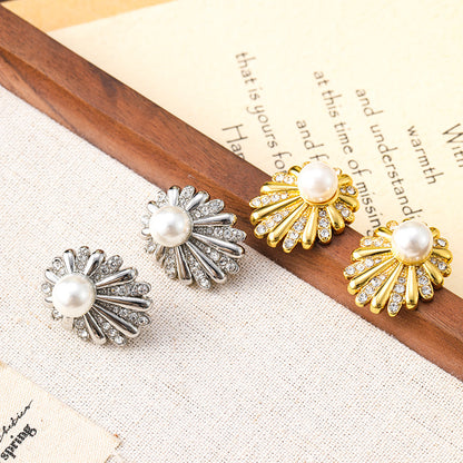 Sunflower Daisy Fireworks Diamond Pearl Earrings for Women Niche Cold Style Large Earrings Personalized Silver Needle Earrings