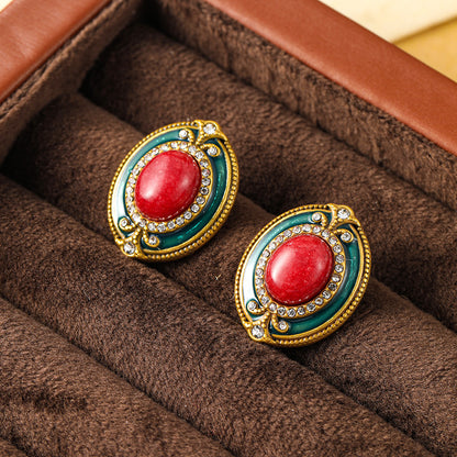 Vintage medieval jewelry earrings summer high-end niche luxury natural stone enamel retro earrings