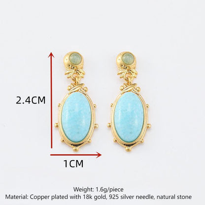 Oval natural stone ethnic style earrings for women, retro niche national style earrings, silver needles