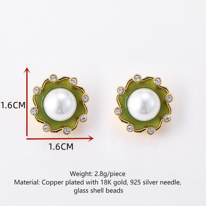 Retro enamel silver needle earrings pearl female Bohemian personality vintage earrings