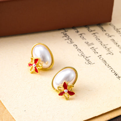 Super small oil-drop flower pearl earrings silver needle earrings for women, sweet and elegant earrings