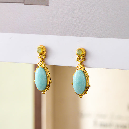 Oval natural stone ethnic style earrings for women, retro niche national style earrings, silver needles