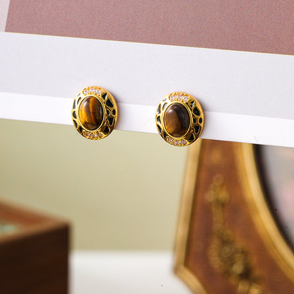 Maillard Retro Exquisite Tiger Eye Stone Earrings Female Niche Design High-end Earrings Holiday Style Silver Needle Earrings