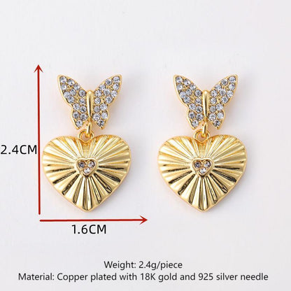 Full diamond butterfly heart retro earrings French light luxury gold-plated earrings silver needles