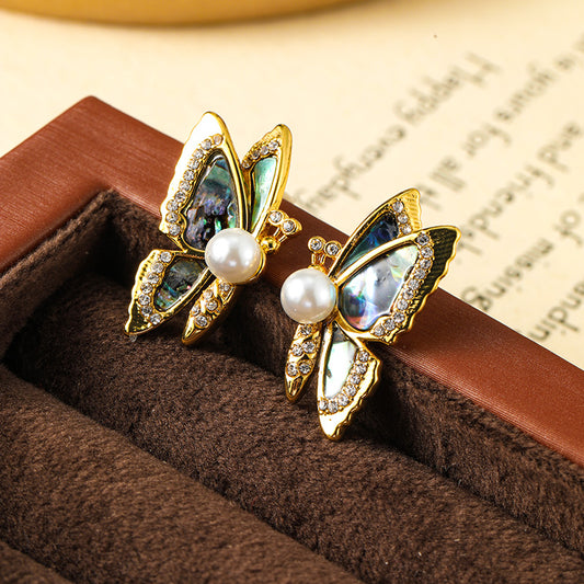 Original S925 silver needle abalone butterfly earrings pearl earrings