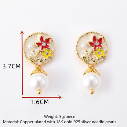 French fresh and fashionable colorful oil-drop flower pearl earrings, light luxury and high-end silver needle earrings