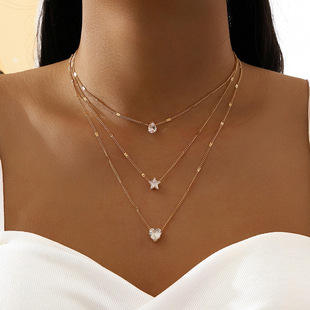 Hot Sle Bohemian Retro Gold Plated Crystal Multilayer Necklace Choker Heart Star Pendant Chain For Women