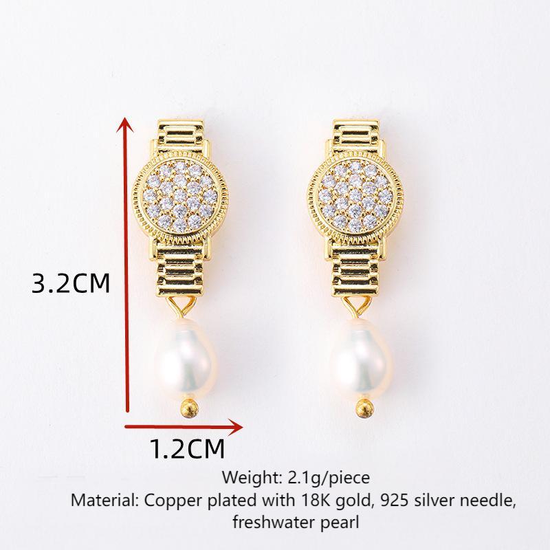 Personalized zircon watch, freshwater pearl earrings, retro earrings, silver needle earrings
