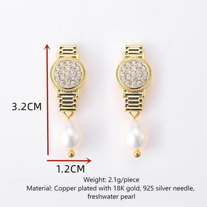 Personalized zircon watch, freshwater pearl earrings, retro earrings, silver needle earrings