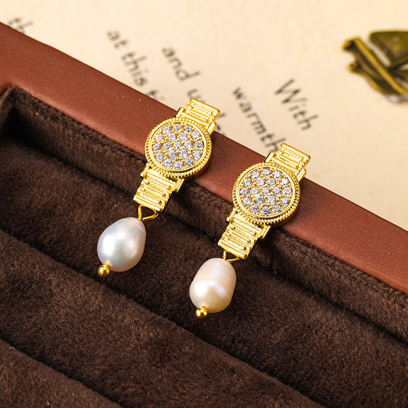 Personalized zircon watch, freshwater pearl earrings, retro earrings, silver needle earrings
