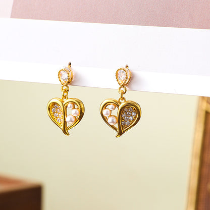 French exquisite hollow heart micro-inlaid zircon pearl earrings for women, high-end and versatile small silver needle earrings