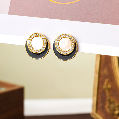 Black and white round oil-dropping white mother-of-pearl zircon earrings niche design Chanel style personality earrings silver needle