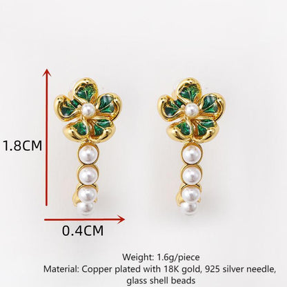 Original French retro colored enamel flower pearl earrings for women, versatile temperament C-shaped earrings, silver needles