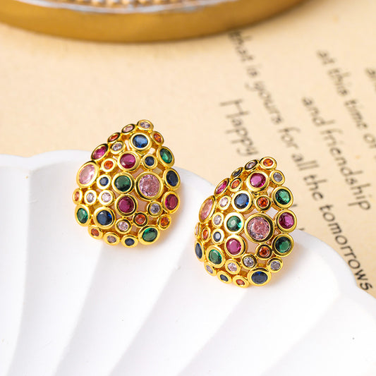 Bohemian water drop color zircon earrings retro earrings silver needle earrings