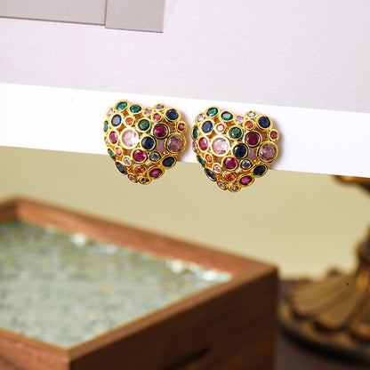 Bohemian colorful diamond heart earrings retro earrings for women 925 silver needle