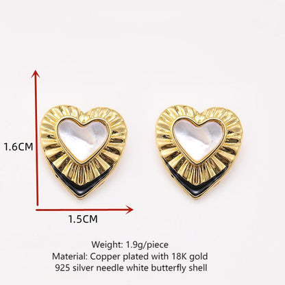 Enamel white mother-of-pearl heart earrings, retro earrings, niche fashion earrings