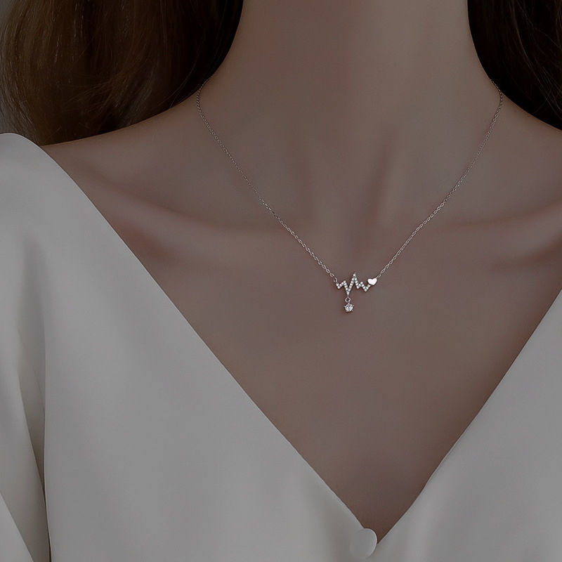 Personality Collarbone Chain Sweet Electrocardiogram Zircon Crystal Love Heart Beat Chart Necklace For Women