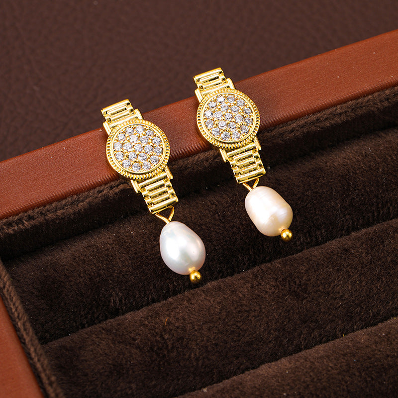 Personalized zircon watch, freshwater pearl earrings, retro earrings, silver needle earrings