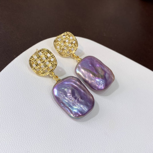 Natural freshwater Baroque square earrings, special-shaped colorful purple pearl earrings, French s925 silver earrings