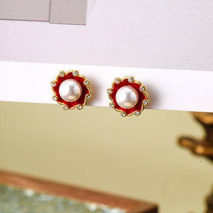 Retro enamel silver needle earrings pearl female Bohemian personality vintage earrings
